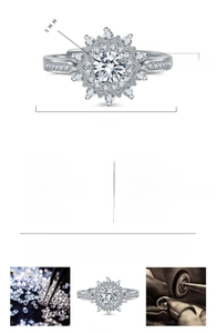 Detail view of snowflake cluster ring with size specs and polished finish details