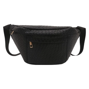 Minimalist black woven belt bag with adjustable strap and golden zipper for women
