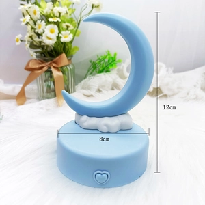 Blue crescent moon night light with heart base on soft fur, 12cm decorative desk lamp
