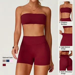 Women's burgundy yoga set with strapless bandeau top and high-waist lifting shorts