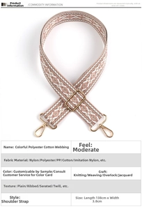 Detail of ethnic geometric jacquard shoulder strap with gold hooks, 138cm x 3.8cm
