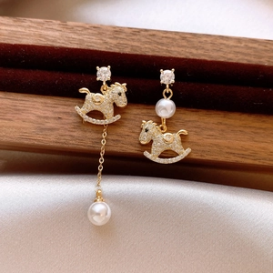 Asymmetric Rocking Horse Drop Earrings Gold Plated Alloy With Cubic Zirconia Artificial Pearl And Silver Earring Post