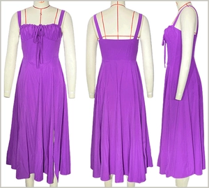 Detailed front, back, and side views of a purple slit dress with drawstring bodice