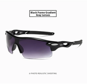 Detail view of sport cycling sunglasses featuring black frame and gradient grey lenses