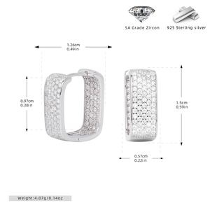 Detailed view of S925 sterling silver square zircon hoop earrings with precise dimensions