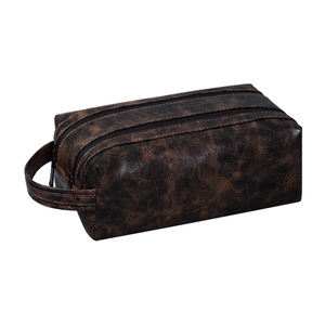 Brown PU leather travel toiletry bag with double zipper and carry handle