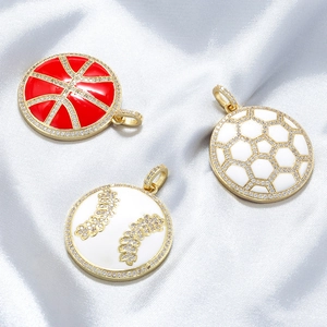 Round Sports Ball Pendant Brass Enamel CZ Basketball Soccer Baseball Hip Hop Jewelry For Men Women