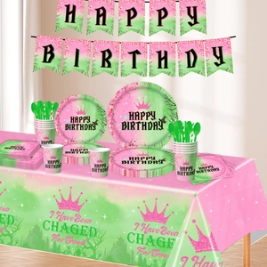 Wicked Partygeschirr Set mit rosa und grünen Blumenmotiven für Geburtstage und Banner
