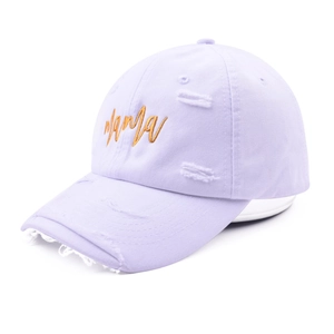 Close-up of lavender distressed baseball cap featuring golden mama embroidery