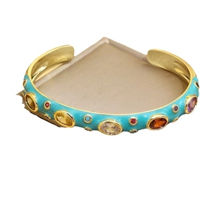 Adjustable gold bangle with sky blue enamel and multicolored cubic zirconia stones