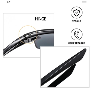 Detail of durable metal hinge and ergonomic temples on black cycling sunglasses