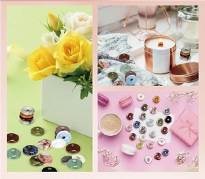 DIY colorful natural agate stone donuts and crystal charms in various aesthetic lifestyle settings