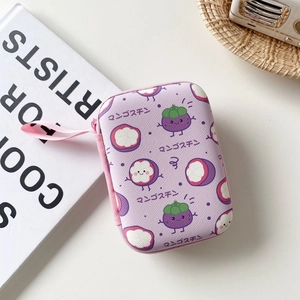 Detail of purple rectangular EVA case with mangosteen cartoon print and pink handle