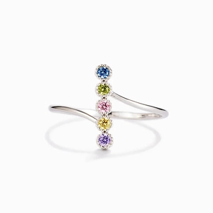 Minimalist open ring with five multi-colored round gemstones and polished silver finish