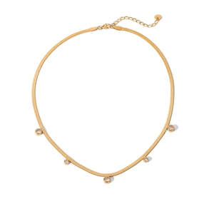 Detail of 18K gold snake chain necklace featuring five round cubic zirconia pendants