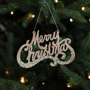 Sparkling Merry Christmas tree hanging ornament in champagne gold and pink glitter