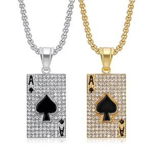 Ace Of Spades Poker Card Pendant Necklace Stainless Steel Bling Rhinestone Enamel Hip Hop Men Jewelry