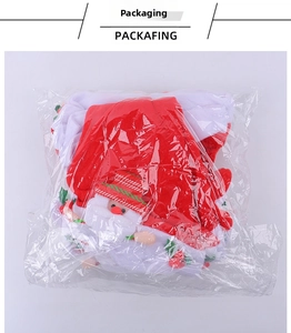 Detailed view of Christmas hat in plastic packaging with Santa Claus and holly embroidery