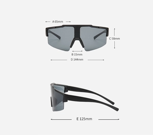 Detailed dimensions of men's cycling sunglasses with frame and lens measurements