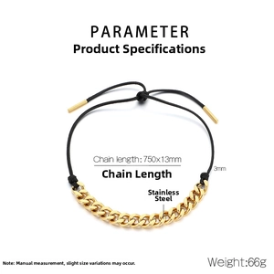 Detail of adjustable black rope and gold stainless steel curb chain fashion necklace