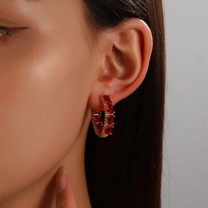 Minimalist gold hoop earrings with square red zircon stone for elegant women style