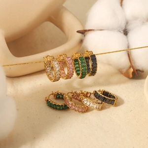 French style 18k gold plated stainless steel hoop earrings set with multi-color zircons