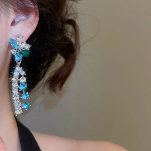 Close-up of model wearing silver tassel earrings with blue and green crystals