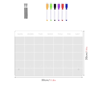 Detailed view of acrylic weekly planner with mounting hardware and 6 colorful pens