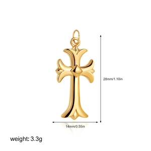Detailed view of an 18K gold cross pendant with dimensions 28mm by 14mm and 3.3g weight