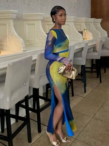 Detailed view of abstract print mesh dress featuring side slit and long slim fit sleeves