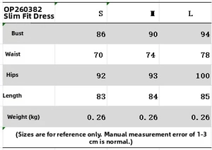Size chart for slim fit bodycon mini dress showing measurements for S, M, and L sizes