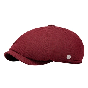 Burgundy newsboy cap with checkered texture and silver metal badge for men and women
