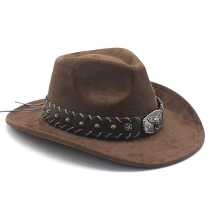 Dark brown faux suede cowboy hat featuring a vintage bull head buckle and metal studs