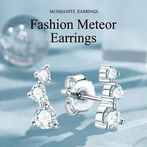 Elegant S925 sterling silver stud earrings with three gradient Moissanite stones in a row