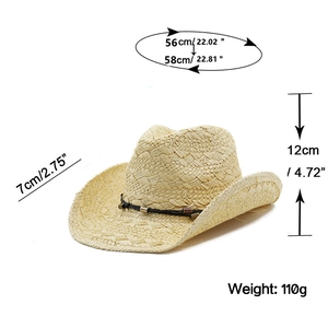 Western straw cowboy hat size guide with dimensions for brim, height, and head circumference