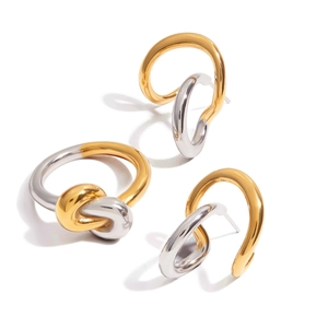 Two-tone gold and silver twisted knot stainless steel ring and earrings jewelry set