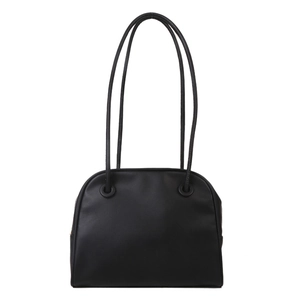Minimalist black round rectangular shoulder bag with slim tubular straps on white background