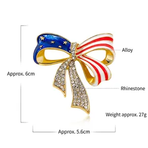 American flag bow brooch with oil drip enamel and sparkling rhinestones for women