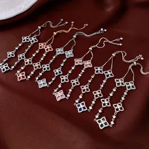Adjustable zircon clover bracelets set in gold, rose gold and silver finish with colorful inlay