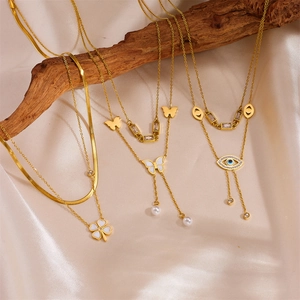 Double Layer Stainless Steel Necklace Butterfly Evil Eye Tree Of Life Turquoise Shell Gold Plated Trendy Jewelry Women