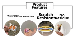 Waterproof and sun-resistant cartoon stickers detail showing no-residue adhesive feature