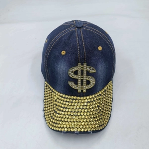 Casquette de baseball en jean bleu avec signe dollar doré et visière strassée