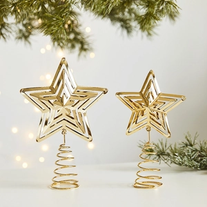 Golden 3D metal star tree toppers with hollow geometric design and spiral bases