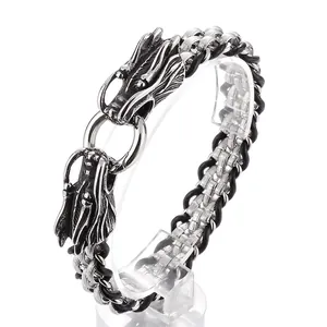 Men's Stainless Steel Braided Bracelet With Lion Snake Dragon Skull Head Punk Biker Vintage Silver Jewelry Accessory