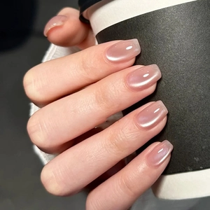 Pink Brown Cat Eye Press On Nails Squoval Sweet Minimalist Fashionable ABS Plastic False Nails For Women