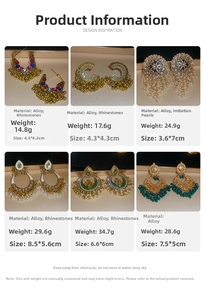 Detailed grid of ethnic boho earrings with alloy rhinestones and faux pearls