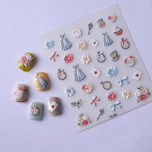 3D embossed nail art stickers with Alice theme, flowers and vintage watch patterns