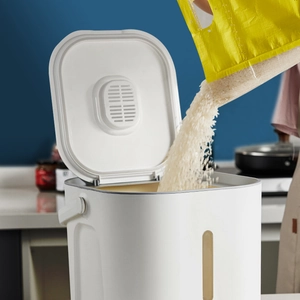 Minimalist airtight rice storage container with visible window and handle for kitchen