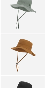 Detail view of wide brim sun hats with adjustable wind ropes and side snaps in army green