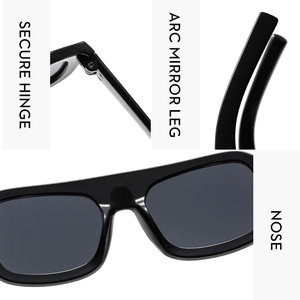 Detail of secure metal hinges, ergonomic arc legs and nose pads on black square sunglasses
